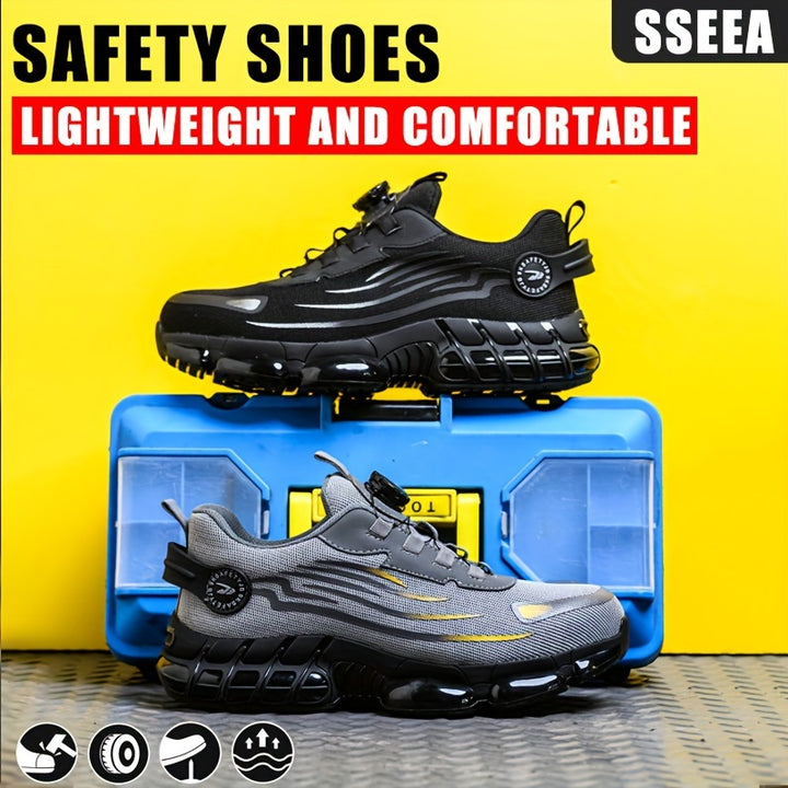Plus Size Mens Professional Steel Toe  Puncture Proof Safety Shoes With Rotating Buckle Air Cushioned Comfy Non Slip Durable Work Shoes Mens Footwear