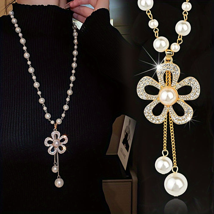 YShape Faux Pearl Chain Flower Pendant Necklace For Women  Autumn Winter Fashion Jewelry