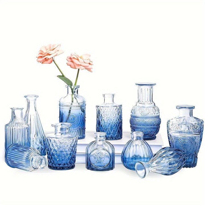 Set of 10 Blue Embossed Mini Glass VasesDVHF