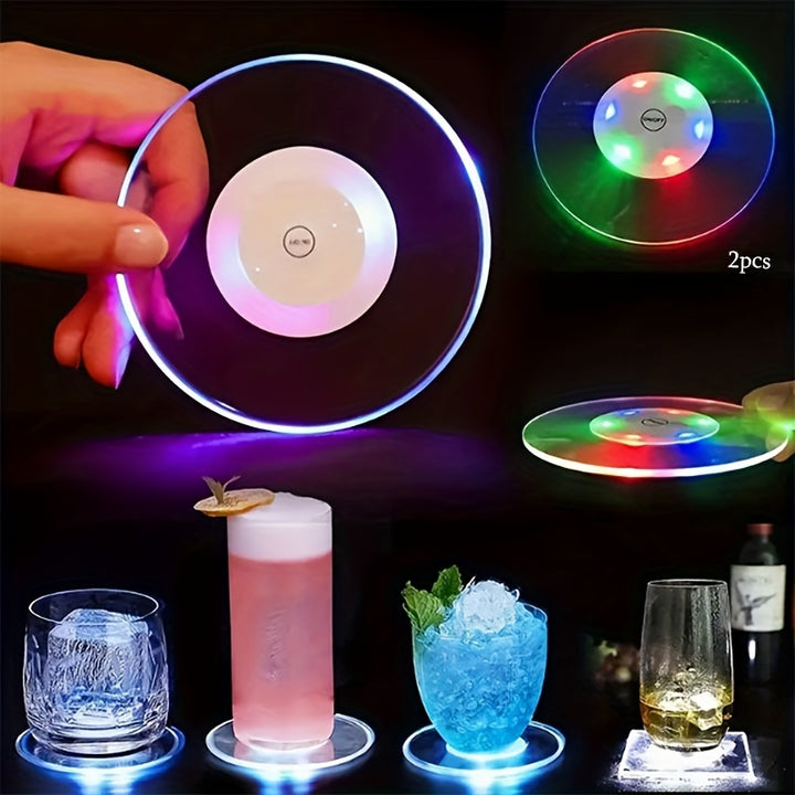 2pcs Acrylic Crystal UltraThin LED Coasters Round Light Up Drink Mats Cocktail Coasters With Flashing Colors Bar Bartender Illuminated Base Modern Dining Table Decor