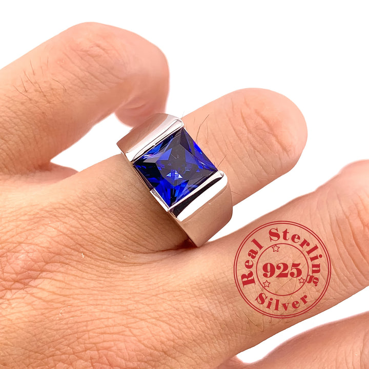 1pc Lab Grown Sapphire Mens Ring S925 Silvery Inlay Birthday Gift Party Gift Anniversary Gift Christmas Gift New Year Gift Wedding Anniversary Gift