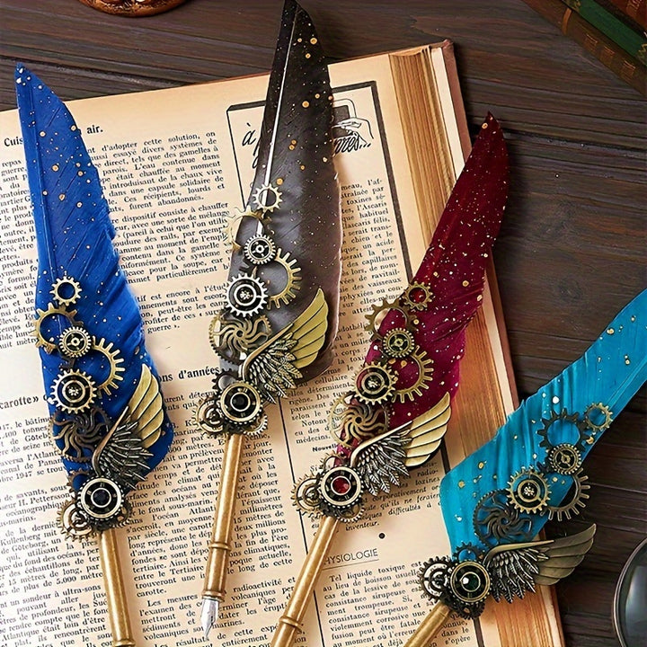 Steampunk Style Feather Dip Fountain Pen Set 1pc Vintage Personalized Metal Quill Pen with Mechanical Decor Gift for Teachers Day Valentines Day Ideal for Business Office Signing Calligraphy Practice and Drawing  Medium Point Clickoff Cap