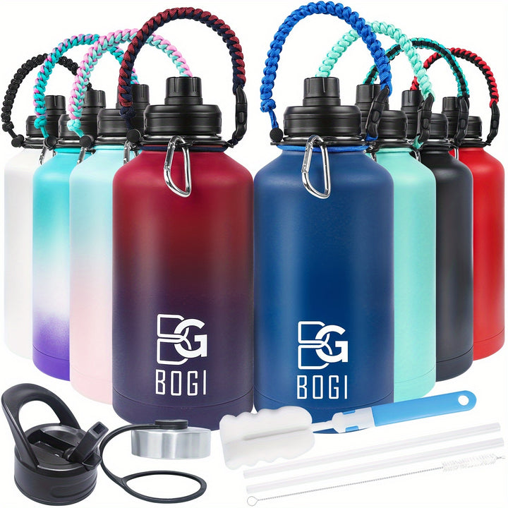 1pc 64oz Insulated Stainless Steel Water Bottle Half Gallon Vacuum Flask With 3 Lids Straw Paracord Handle Double Wall Wide Mouth Hot  Cold Beverage SweatFree Exterior