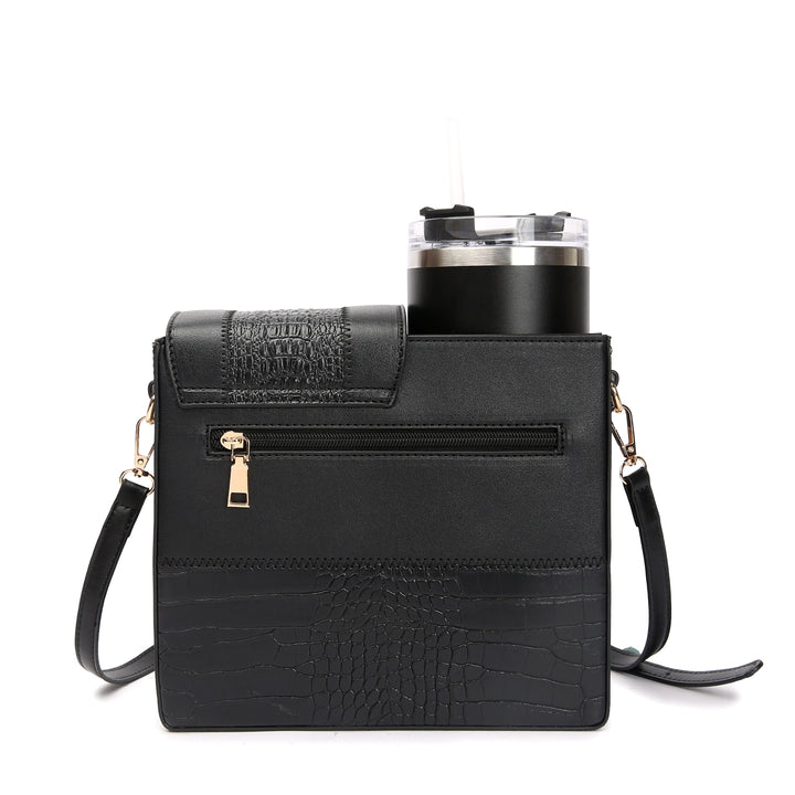 Chic CrocodileEmbossed Crossbody Bag with Water Bottle Holder  Durable Faux Leather Adjustable Strap for Everyday  Travel Style  Ideal Gift for Her