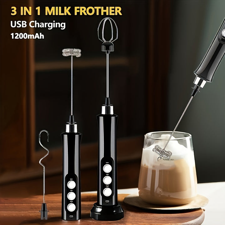 Rjj 3In1 Portable Electric Milk Frother  Drink Mixer  Usb Rechargeable HighSpeed Coffee Frothing Wand Handheld Kitchen Accessory