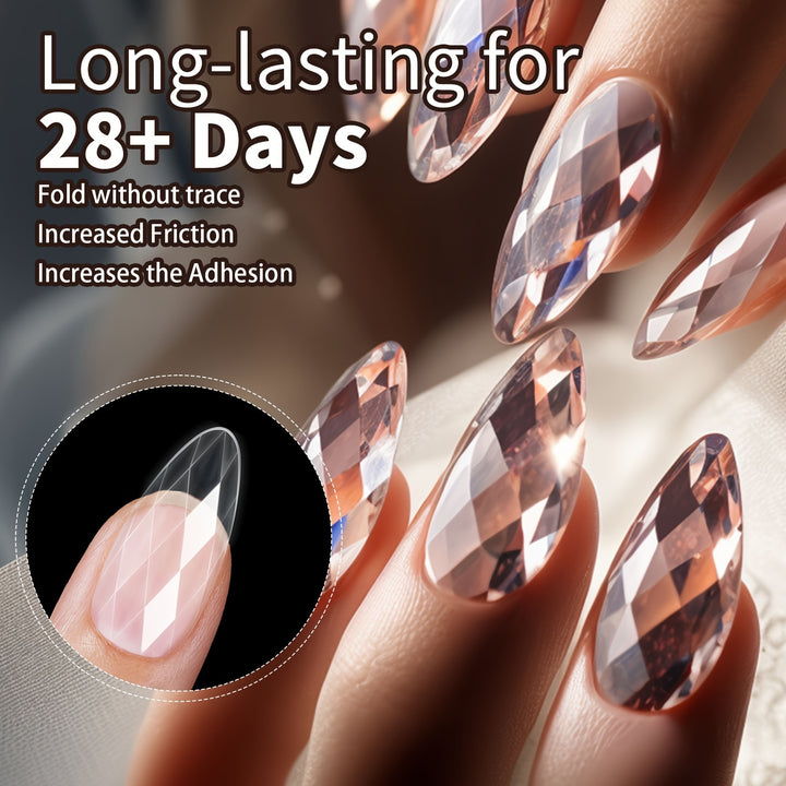 Misscheering 120140 Pcs Long Almond Shaped Nail Tips  Glossy Geometry Transparent False Nails with Diamond Face Rhombus Design  Durable Press On Acrylic Nails for Enhanced Adhesion  Natural Fit