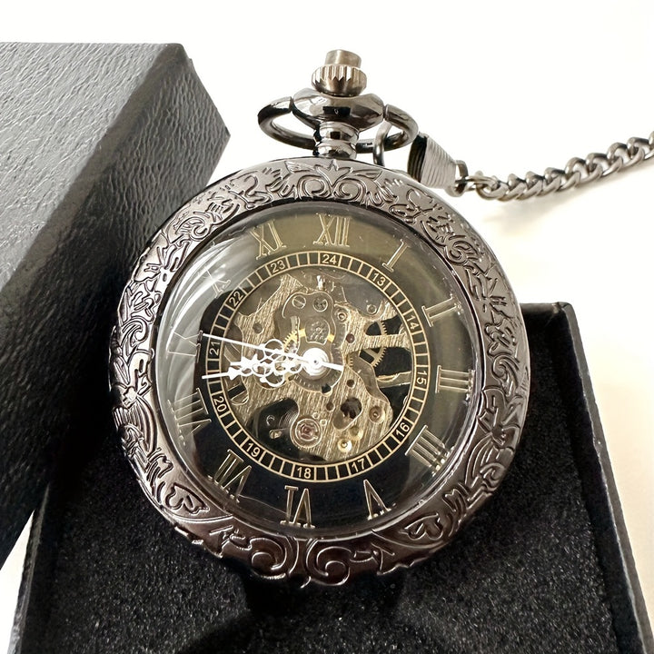 Retro Manual Mechanical Pocket Watch Mirror Hollow Flip Roman Type Black Mechanical Movement Pocket Watch Ideal choice for Gifts