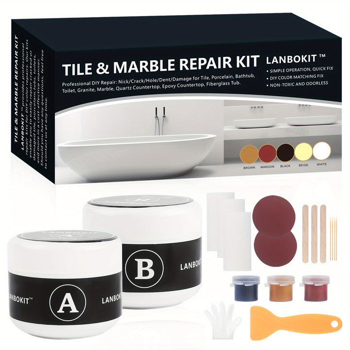 LANBOKIT Tile  Marble Repair Kit Professional DIY Repair for Tiles Marble Quartz Resin Acrylic Granite and Countertops  Includes 2 Jars of Porcelain Color 8 Color Swatches 2 Pads 2 Wooden Sticks and 1 Glove