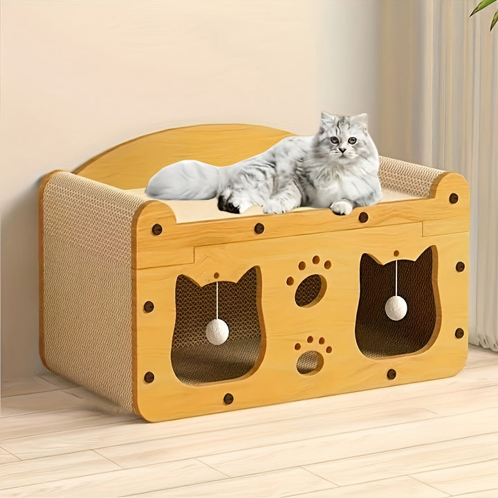 Deluxe DoubleLayer Cat Bed with Scratching Board  Durable Cardboard House for Small to Medium Cats Includes Toy Ball  Perfect AllSeason Shelter