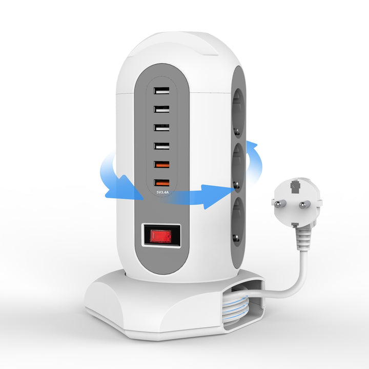 1pc Vertical Power Strip With 6 USB Ports 9 AC Outlets European Standard Retractable Extension Cord Surge Protection Stable Base Home  Office Tower Socket