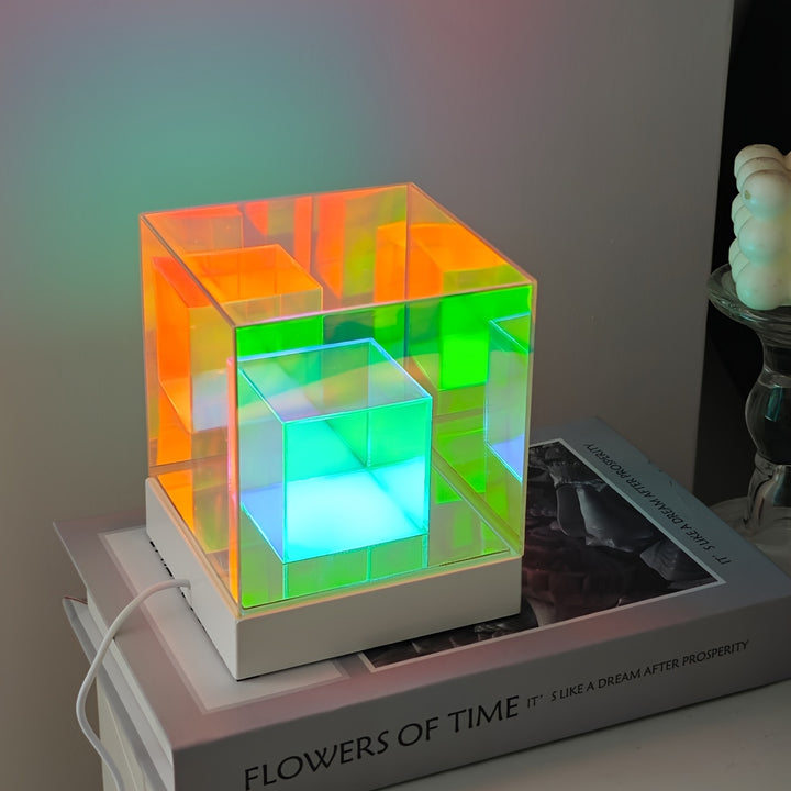 Modern Geometric Infinity Cube Table Lamp by NewAoNaSen Lighting  Plastic Push Button Dimmable Space Theme Uplight for Various Room Types USB Powered RGB LED with No Battery Required