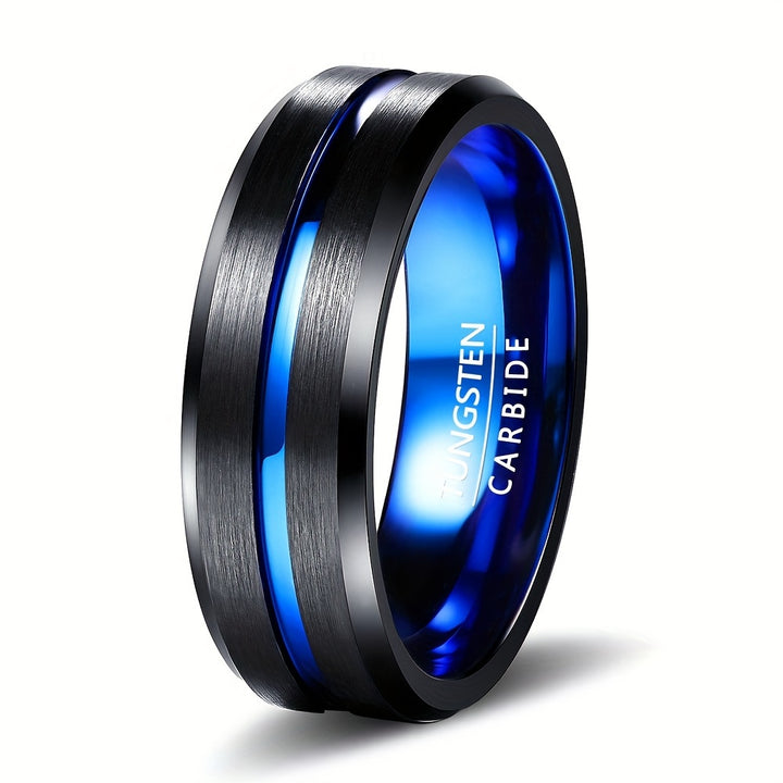 1pc Black Blue Tungsten Steel Ring 8mm Center Grooved Beveled Edges Mens Wedding Band For Daily Wear Party Holiday Birthday Anniversary Gift