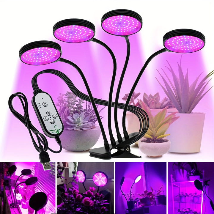 USB Powered LED Grow Light with Timer Brightness Dimmer Full Spectrum Red Blue LEDs for Indoor Plant Seedling Flower Growth Flexible Gooseneck ClipOn Desk Mount No Battery  4 Heads