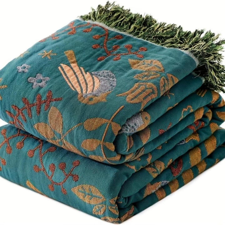 Floral Bird Print Cotton Throw BlanketHDGW