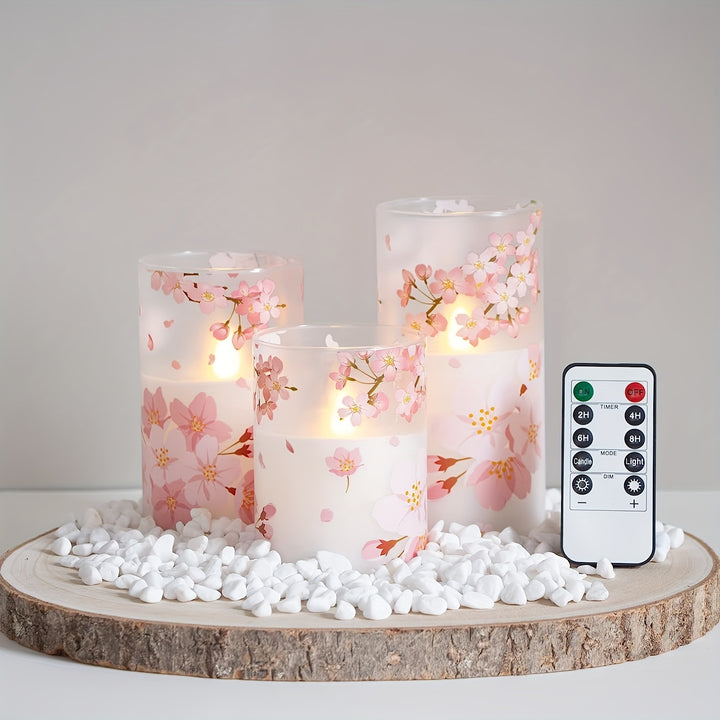 3pcs Sakura LED Glass Flameless Pillar Candles With Remote Control Battery PoweredZCCB