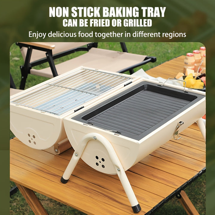 Versatile Outdoor Charcoal Grill with DualSided Baking Pan  Portable Foldable Design for Camping  Home Use Smokeless BBQ Experience