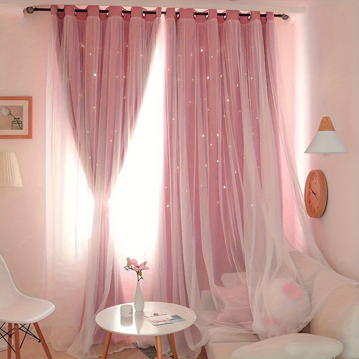 2pcs Double Layers Romantic Sheer Curtain Panels SemiBlackout Privacy Window Drapes Set Grommet Polyester Window Treatments For Bedroom Study Living Room Balcony Office Dormitory Bay Window Home Decoration