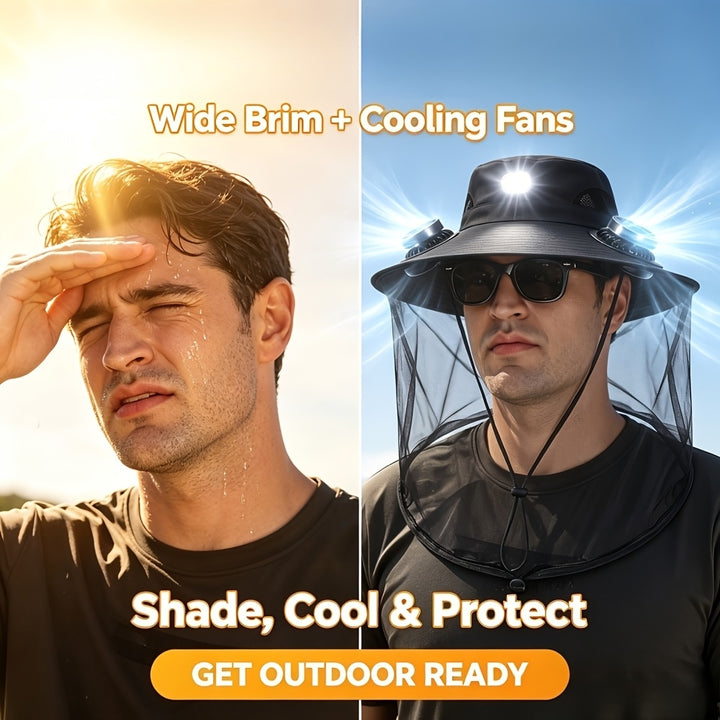 Solar LED Fan Fishing Hat with Mosquito NetAMLJJIHYUU