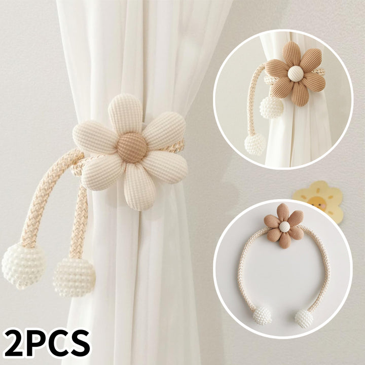 2pcs Elegant Adjustable Curtain Tiebacks With Cartoon Flowers  White Faux Pearl Accents  No Drill Easy Install For Bedroom Living Room Kids Room Decor Queen Size Comforter Set With Curtains Bedroom Curtains And Comforter Sets