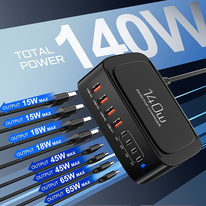 1pc 140W GAN MultiPort Charger Universal Quick Charging Station with 2 USB TypeC and 4 USB Outputs Overcurrent  Overheat Protection 110V220V Power Supply for Smartphones Laptops Watches and USB Devices