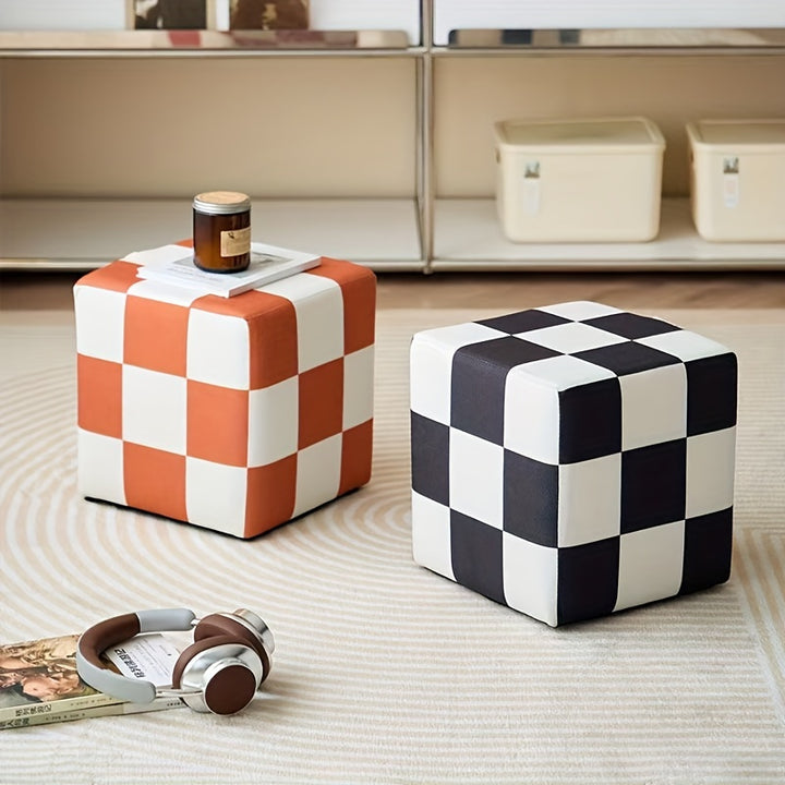 Checkerboard Pattern Upholstered Wooden Step Stool with Handle  MBJ9