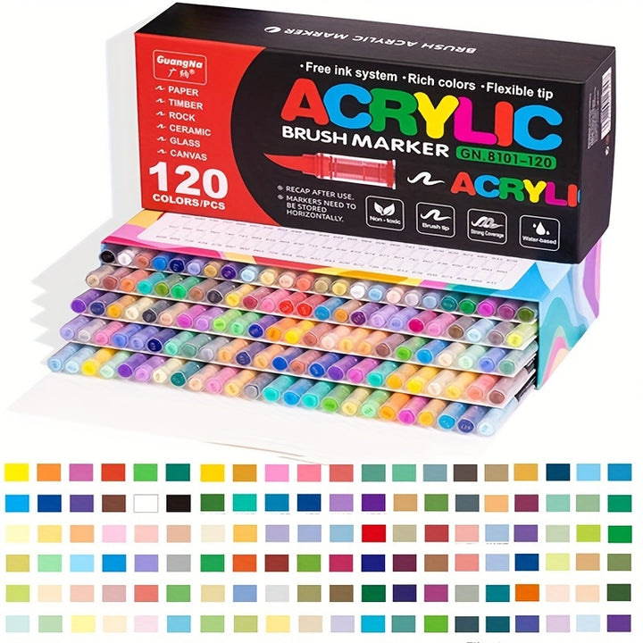 Acrylic Paint Brush Markers Set  120 Vibrant Colors Flexible Tip WaterBased Ink for Rock PaintingK9QT