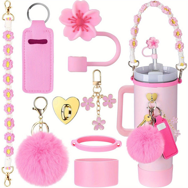 Accessory Set for Stanley 30oz/40oz Tumblers - Handle, Boot, Charms, Lid & Strap - Pink