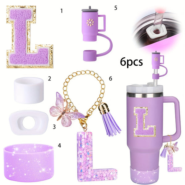 Decorative Initial letter with Leak proof Silicone Stoppers Set For Stanley Tumblers - Purple - L