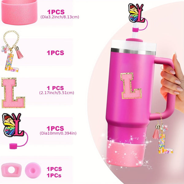رسالة أولية زخرفية مع سدادات سيليكون مقدمة من التسرب المحدد لـ Stanley Tumblers - Pink - L.