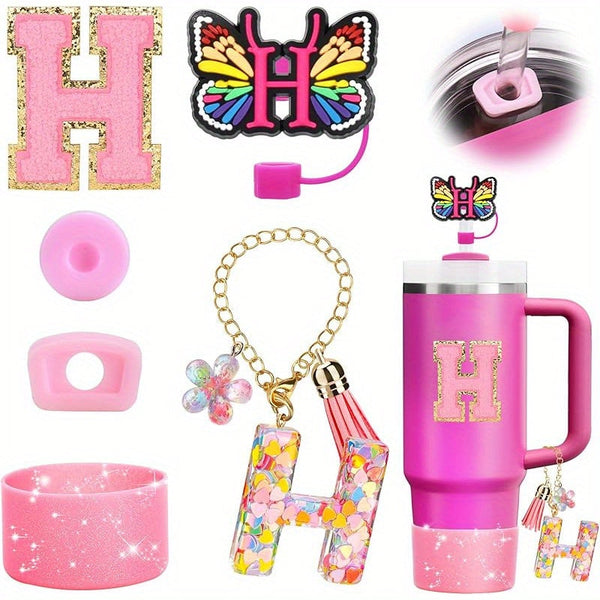 رسالة أولية زخرفية مع سدادات سيليكون مقدمة من التسرب مجموعة من Tumblers Stanley - Pink - H