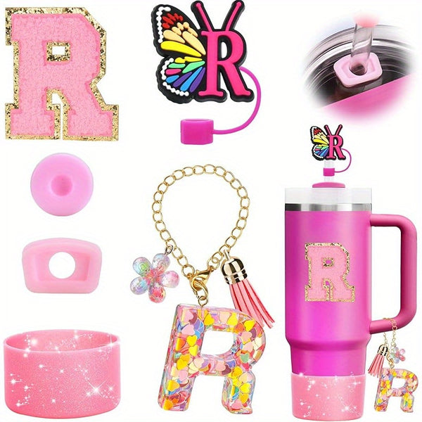 Decorative Initial letter with Leak proof Silicone Stoppers Set For Stanley Tumblers - Pink - R