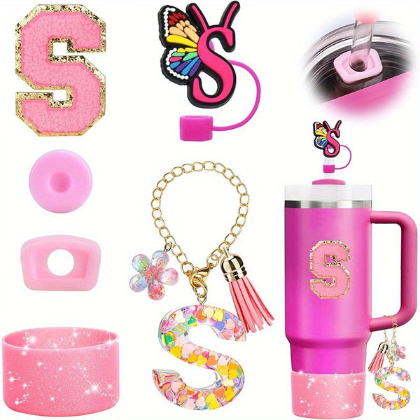 Decorative Initial letter with Leak proof Silicone Stoppers Set For Stanley Tumblers - Pink - S