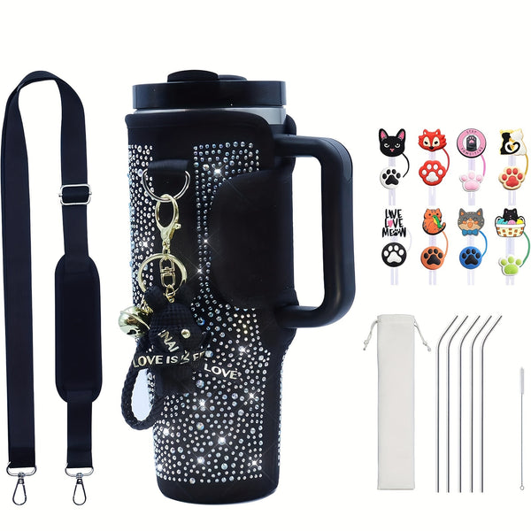 COMPATIBLE BAG/STRAP/STRAW/BRUSH/CAP & CHARM GIFT FOR STANLEY FOR 40OZ (BLACK)