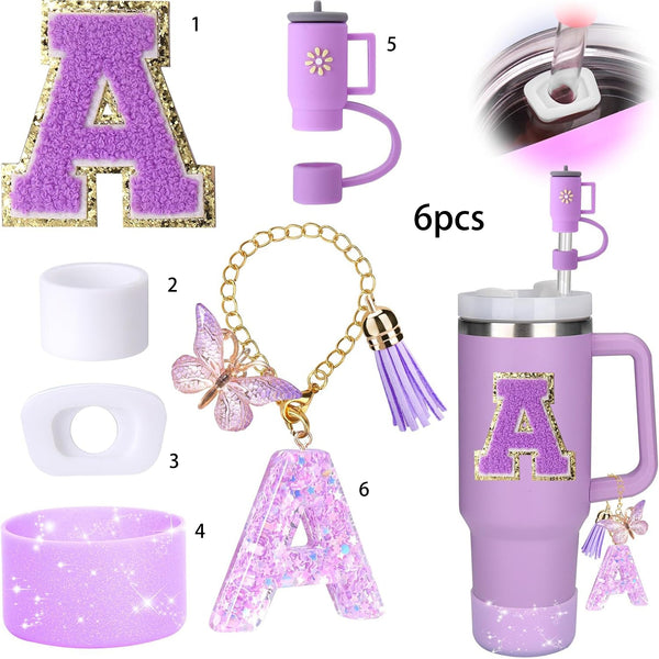 Decorative Initial letter with Leak proof Silicone Stoppers Set For Stanley Tumblers - Purple - A