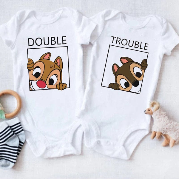 Funny Chip and Dale Disney Baby Bodysuits Cotton Short Sleeve Double and Trouble Twins Rompers Infant Boys Girls Ropa Clothes