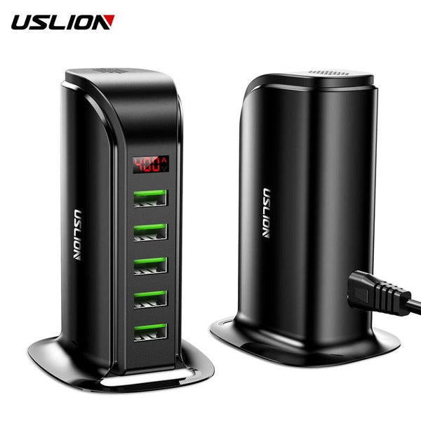 USLION 5 ميناء شاحن يو اس بي محور LED عرض USB متعدد المنافذ حامل محطة شحن العالمي الهاتف المحمول سطح المكتب جدار المنزل الاتحاد الأوروبي المملكة المتحدة التوصيل
