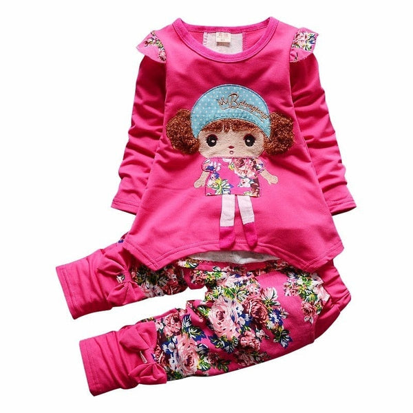 New Spring Autumn Kids Cartoon Clothes Suit Baby Girls Flower T Shirt Pants 2Pcs/Sets Infant Cotton Clothing Children Sportswear