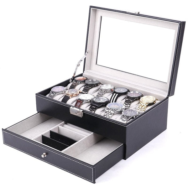 12 Slot PU Leather Watch Storage Boxes, Men &amp; Women Jewelry Display Drawer Case, 2-Tier Organizer Watch Showcase with Glass Lid