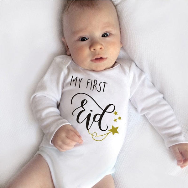 New Baby Long Sleeve Bodysuits Casual Letter Print My First Eid Girls Boys Onesies Rompers Newborn Eid Mubarak Clothes Gift