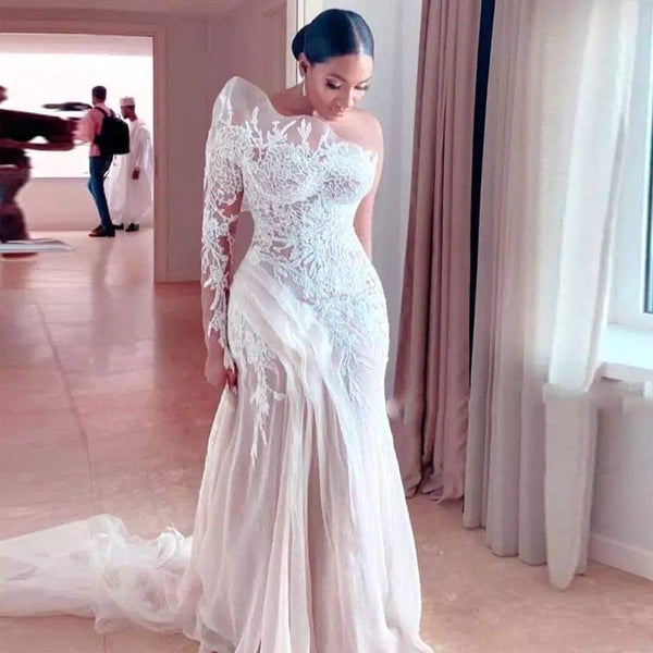 كتف واحد حورية البحر الأفريقية فساتين الزفاف حجم كبير زي العرائس الدانتيل يزين ثنيات Vestidos De Novia Para Boda المدنية