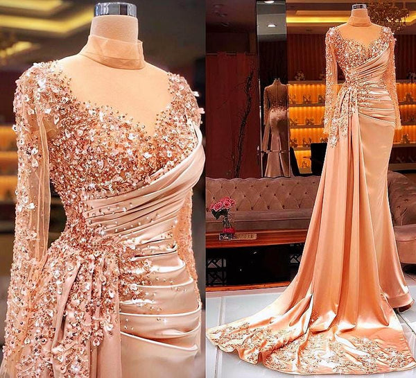 Plus Size Mermaid Prom Dresses Sheer Neck Beaded Sequins Arabic Aso Ebi Luxurious Blush Pink Long Sleeve Evening Dress