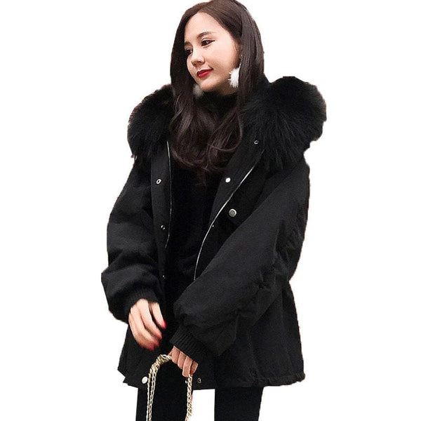 Women&#39;s Cotton Clothes Autumn Winter New Big Fur Collar Mid Long With Loose Zippers Down Cotton Clothes  Keep Warm Ladies Jacket