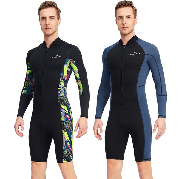 1.5mm Neoprene Shorty Mens Wetsuit UV-proof Front Zip Lycra Long Sleeves Diving Suit for Underwater Snorkeling Swimming Surfing