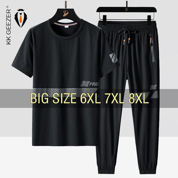 الرجال تي شيرت دعوى السراويل 2 قطعة مجموعة كبيرة 6XL 7XL 8XL حجم كبير قصيرة الأكمام الأسود تي شيرت الصيف موضة فضفاضة دروبشيبينغ