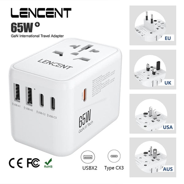 Lencent 65W GAN Universal Travel Adapter مع 2 منافذ USB 3 من النوع C محول الطاقة السريع الشحن EU/UK/USA/AUS PLUC