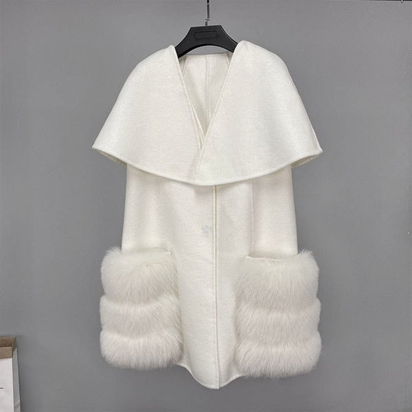 Famous Japan design  2022 Fall winter Luxury Women Real Lamb Wool cashmere Fur Vest waistcoat  Long Real Fox Fur Jackets cloak