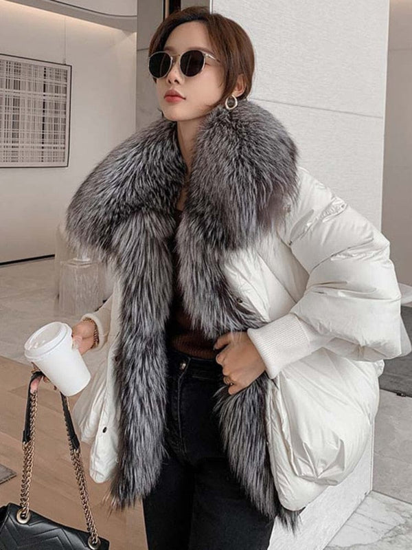 2022 winter Real fox fur collar White duck down padded down jacket Regular fashion warm big fur collar women&#39;s coat