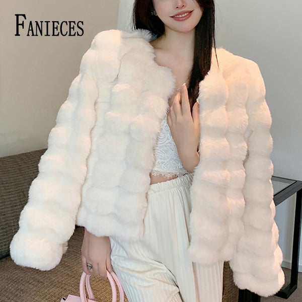 FANIECES New Winter Faux Fur Coats Women Long Sleeve Collarless Cardigan