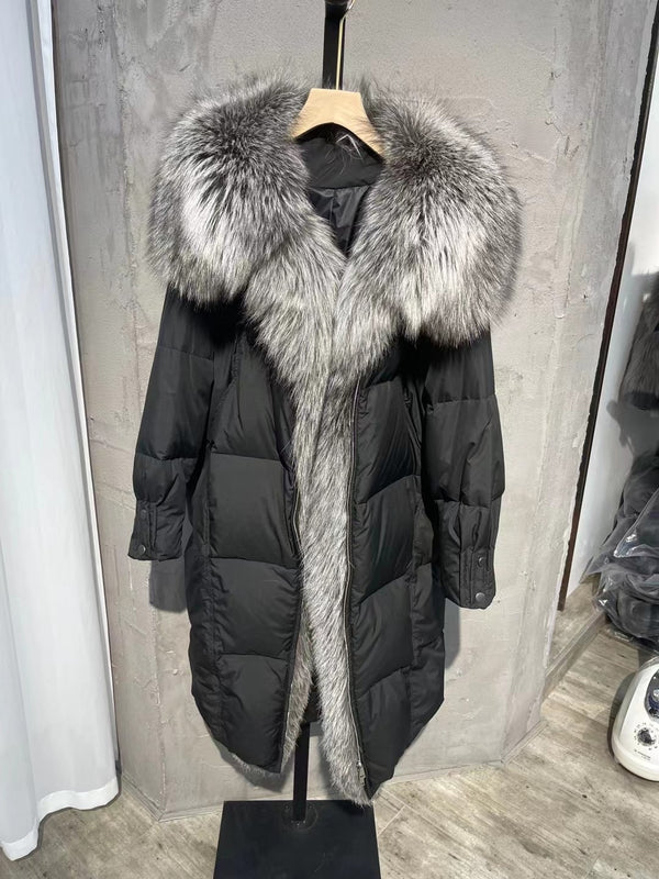 Winter Women Warm Jacket Long Real Fur Collar Thick Luxury Outerwear