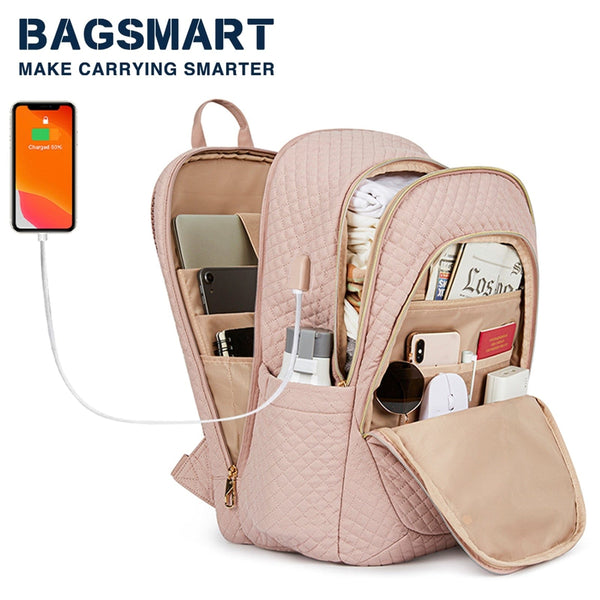 BAGSMART المرأة على ظهره مكافحة سرقة كبيرة مقاوم للماء حقائب مدرسية السفر الأعمال حقائب الكمبيوتر المحمول مع منفذ شحن USB